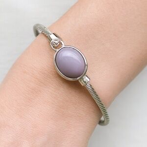 Chico’s Twisted Silvertone Bracelet Lavender stone Hook closure 2.5” diameter